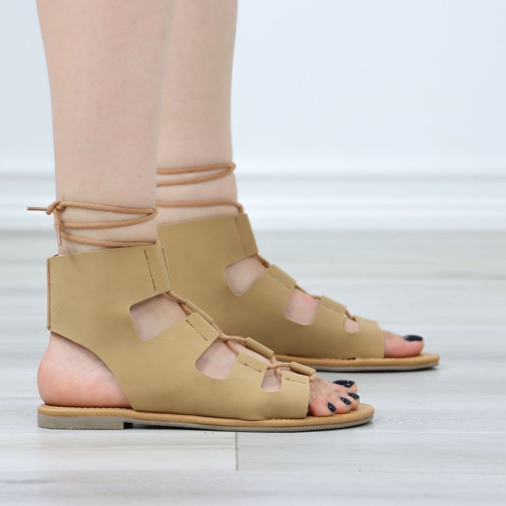 Gray Gladiator Laced-Up Bootie Style Flat Sandals - Picture 4 of 11